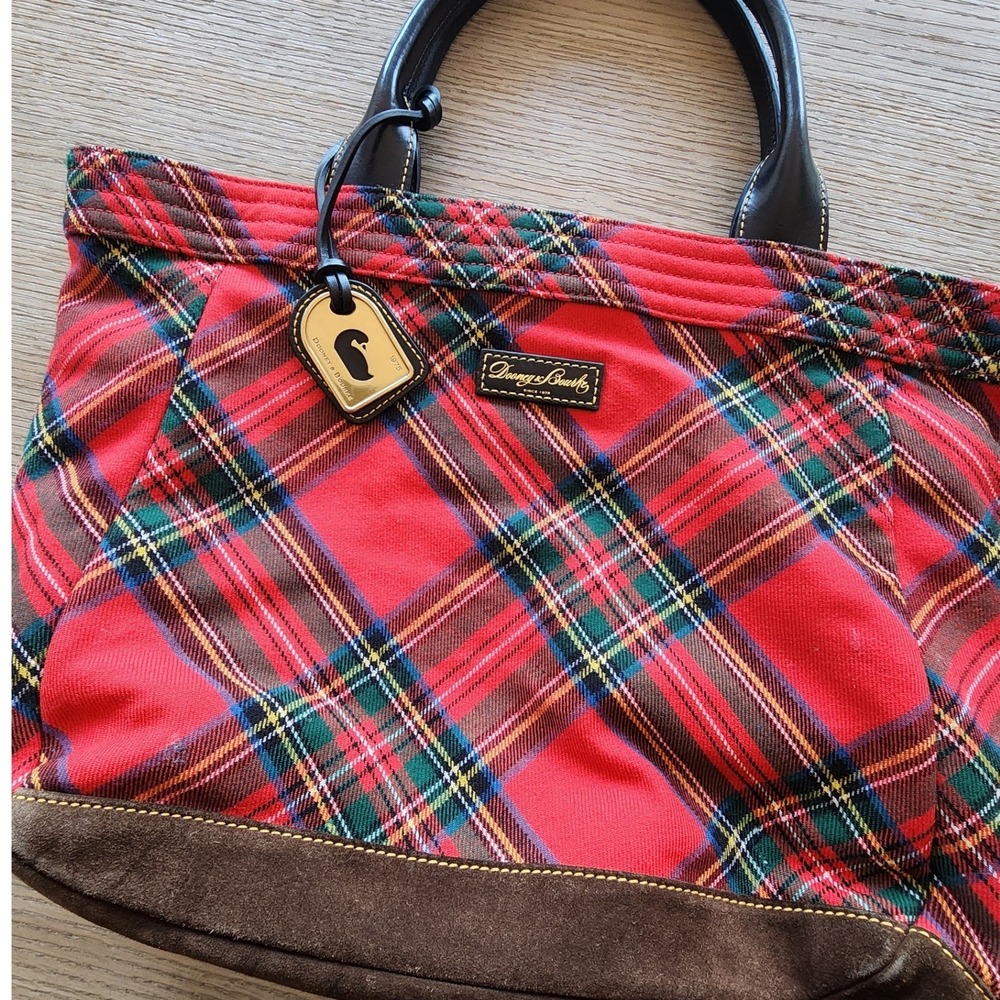 Vtg 90s Dooney & Bourke Red Tartan Plaid L Tote. Suede Y2K Academia Fall Preppy